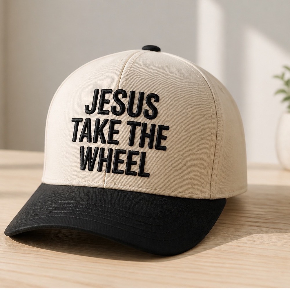 C.C. Jesus Take The Wheel Baseball Cap Hat Cream Black Snapback NWT